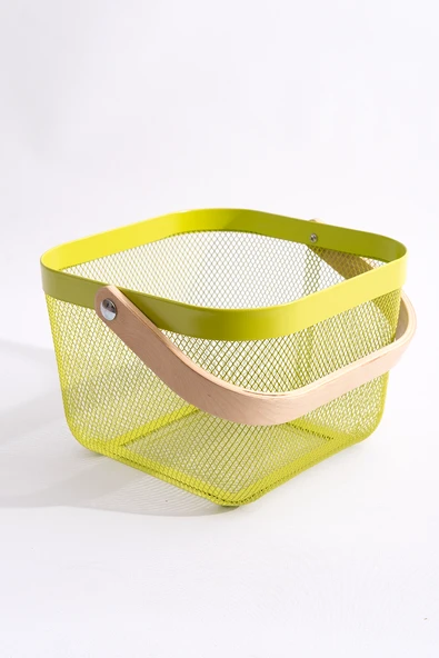 Ahşap Saplı Çok Amaçlı Metal Düzenleme Saklama Depolama Sepeti Yeşil - Resim 2