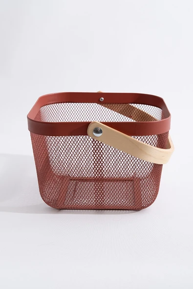 Ahşap Saplı Çok Amaçlı Metal Düzenleme Saklama Depolama Sepeti Bordo - Resim 3