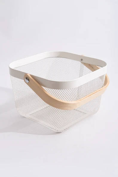 Ahşap Saplı Çok Amaçlı Metal Düzenleme Saklama Depolama Sepeti Beyaz - Resim 2
