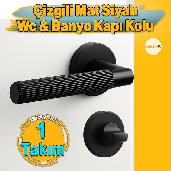 Çizgili Mat Siyah Wc Banyo Tipi Kapı Kolu Rozetli Sağ Sol Uygun Modern İç Kapı Kilitli 1 Takım ürün görseli