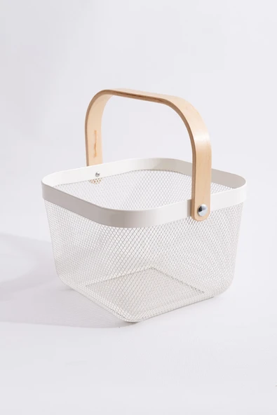 Ahşap Saplı Çok Amaçlı Metal Düzenleme Saklama Depolama Sepeti Beyaz ürün görseli 1