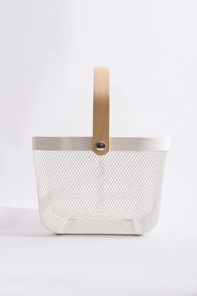 Ahşap Saplı Çok Amaçlı Metal Düzenleme Saklama Depolama Sepeti Beyaz - Resim 4