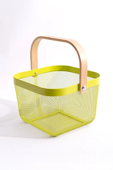 Ahşap Saplı Çok Amaçlı Metal Düzenleme Saklama Depolama Sepeti Yeşil ürün görseli 1