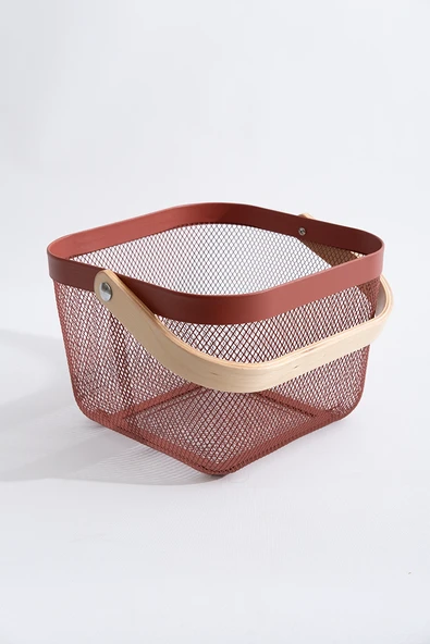 Ahşap Saplı Çok Amaçlı Metal Düzenleme Saklama Depolama Sepeti Bordo - Resim 2