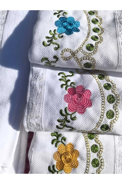 Peacock 3'lü Nakışlı , Çeyize Uygun , Hediyelik El Havlusu %100 Pamuk - 7