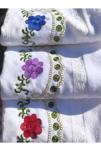 Peacock 3'lü Nakışlı , Çeyize Uygun , Hediyelik El Havlusu %100 Pamuk - 2