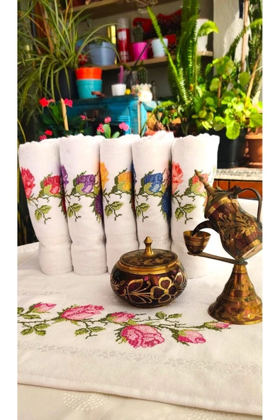 Z&N STYLE Annem Ribella 50x90 Cm. Jakarlı Kanaviçe Nakışlı Çeyizlik Lüks Havlu Seti 6'lı