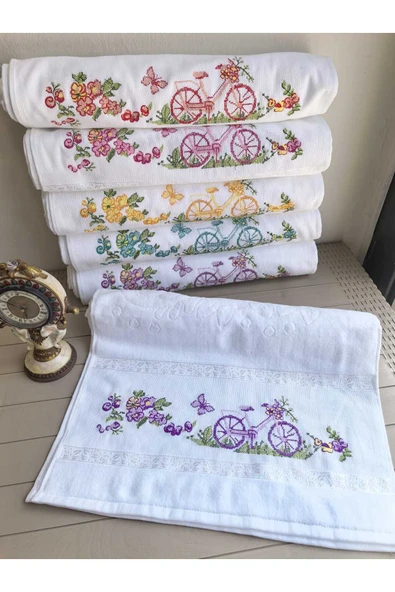 Peacock 6 Adet Kanaviçe Nakışlı Çeyizlik Güpürlük El Havlusu 50x90 - 7
