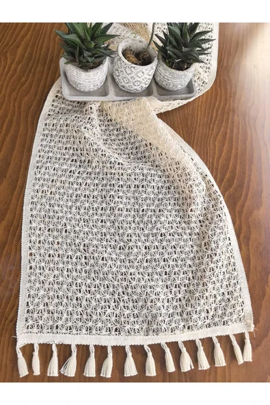 Peacock Tül Dantel Örgü Runner Keten Görünümlü Pamuklu 35x140cm - 4