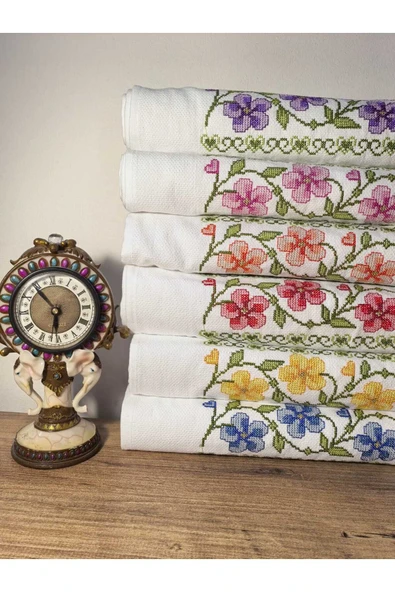 Peacock 6 Adet Kanaviçe Nakışlı Çeyizlik Güpürlük El Havlusu 50x90 - 3