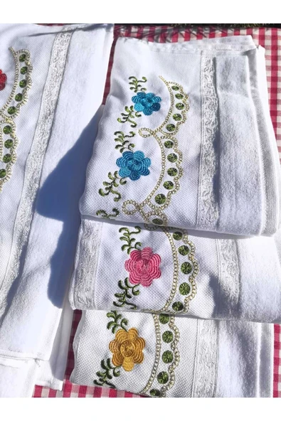 Peacock 3'lü Nakışlı , Çeyize Uygun , Hediyelik El Havlusu %100 Pamuk - 6