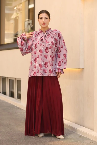 Bağlama Detaylı Büzgülü Bluz 6028-Lila/Bordo - 4