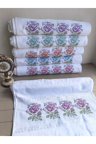 Peacock 6 Adet Kanaviçe Nakışlı Çeyizlik Güpürlük El Havlusu 50x90 - 5