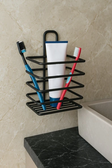 Paslanmaz Çelik Mat Siyah Yapışkanlı Diş Fırçalık - Duvar Tipi, Çok Amaçlı Organizer DŞ-01