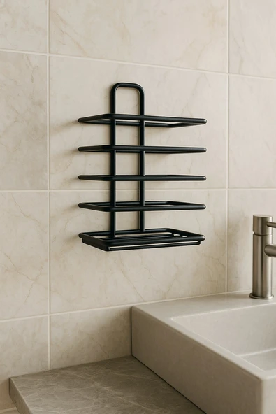 Paslanmaz Çelik Mat Siyah Yapışkanlı Diş Fırçalık - Duvar Tipi, Çok Amaçlı Organizer DŞ-01 - 2