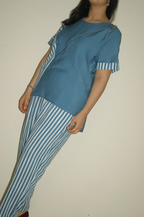 mavi keten çizgili büyük beden  günlük takım - 2