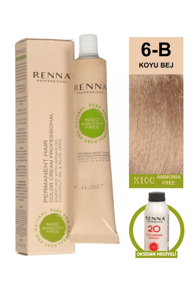 RENNA Bitkisel Saç Boyası 6-B Koyu Bej 60 Ml - Oksidan Hediyeli (%100 Amonyaksız)