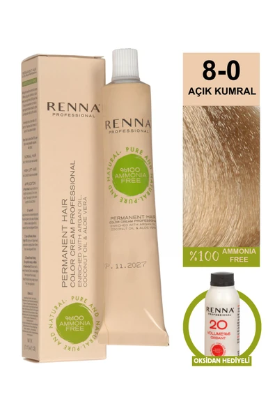 RENNA Bitkisel Saç Boyası 8-0 Açık Kumral 60 ml - Oksidan Hediyeli (%100 AMONYAKSIZ)