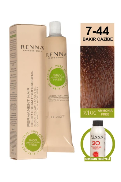 RENNA Bitkisel Saç Boyası 7-44 Bakır Cazibe 60 Ml - Oksidan Hediyeli (%100 Amonyaksız)
