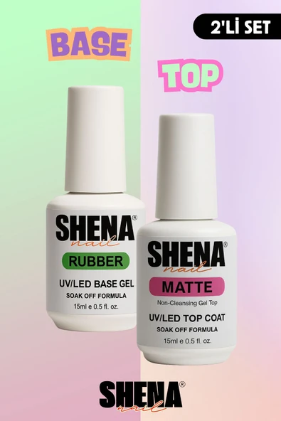 SHENA 2li Kat Seti Rubber Base Coat Matte Top Coat 15 ml - Kalıcı Oje & Protez Tırnak Katman 15 15ml