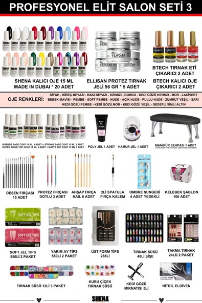 SHENA Kalıcı Oje - Protez Tırnak Elit Salon Seti 3 (20Lİ OJE - BUILDER JEL | AKSESUAR) From Dubai - 2