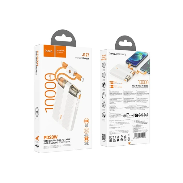 Hoco J127 10.000 mAh Dijital Göstergeli Dual Kablolu 20W PD Mini Powerbank - Beyaz - 5