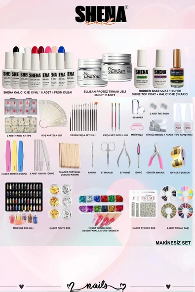 SHENA Kalıcı Oje - Protez Tırnak Deneyim Seti 3 (OJE - BUİLDER JEL - BASE TOP COAT | AKSESUAR) From Dubai - 2