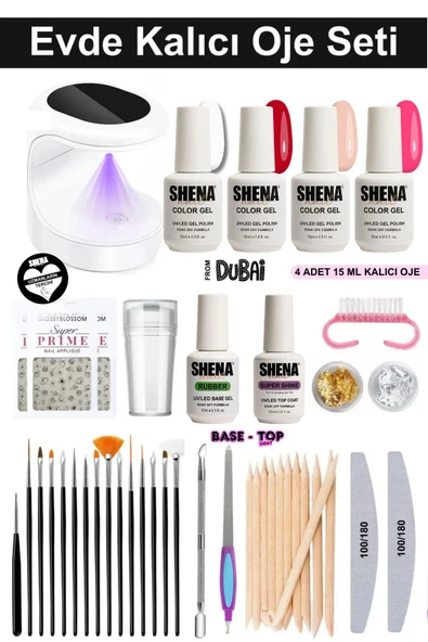 Shena Evde Kalıcı Oje Seti (Uv/Led + Kalıcı Oje + Base, Top Coat + Tırnak Aksesuarları)
