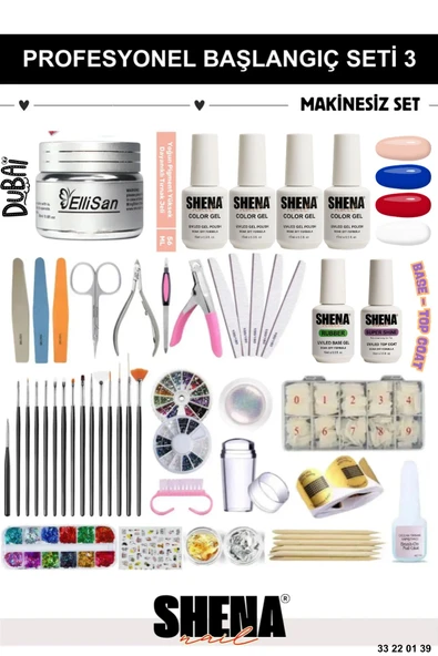 SHENA Kalıcı Oje - Protez Tırnak Başlangıç Seti 3 (OJE - BUILDER JEL - BASE TOP COAT | AKSESUAR) ❤︎ Dubai