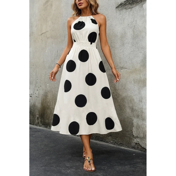 Lucky Life Kadın Kolsuz Boyundan Bağlamalı Beli Lastikli Dijital Baskı Süprem Uzun Elbise - 3