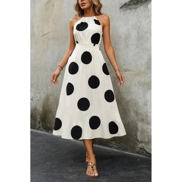 Lucky Life Kadın Kolsuz Boyundan Bağlamalı Beli Lastikli Dijital Baskı Süprem Uzun Elbise - 2