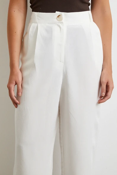 Çift Pileli Keten Pantolon Krem - Resim 5