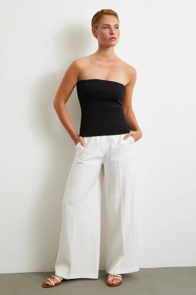 Geniş Paça Palazzo Pantolon Ekru - Resim 2