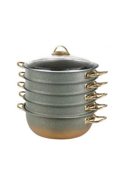 Granit Mantı Tenceresi Buharlı Pişirici 30 CM İndüksiyon Tabanlı Yeşil/Gold