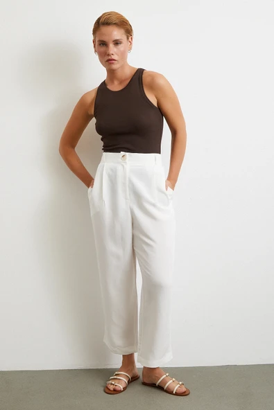 Çift Pileli Keten Pantolon Krem ürün görseli 1