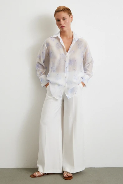 Organze Desenli Tül Gömlek Mavi - Resim 2