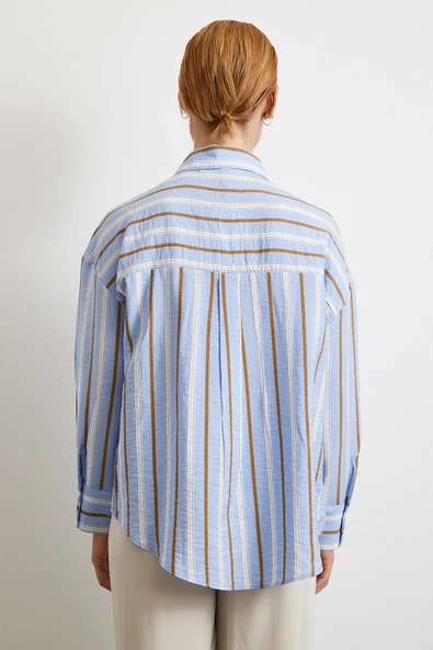 Kahve Çizgili Gömlek Mavi - Resim 6