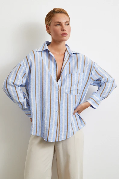 Kahve Çizgili Gömlek Mavi - Resim 4