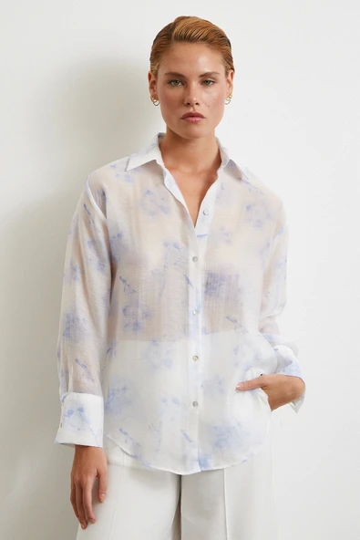 Organze Desenli Tül Gömlek Mavi - Resim 4