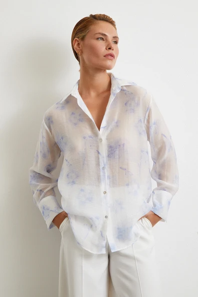 Organze Desenli Tül Gömlek Mavi - Resim 3