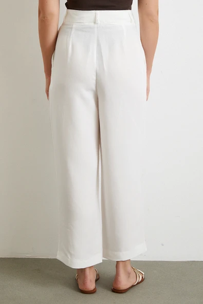 Çift Pileli Keten Pantolon Krem - Resim 6