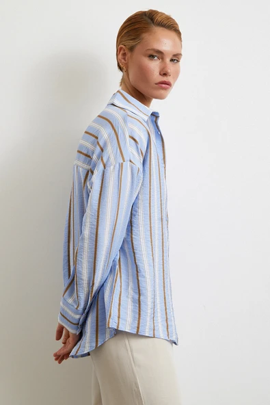 Kahve Çizgili Gömlek Mavi - Resim 5