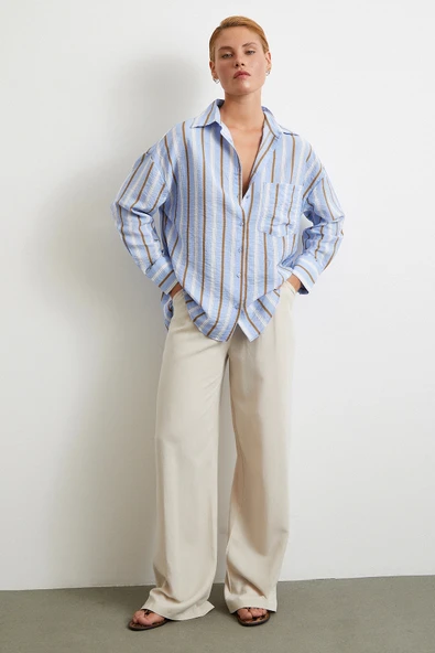 Kahve Çizgili Gömlek Mavi - Resim 2