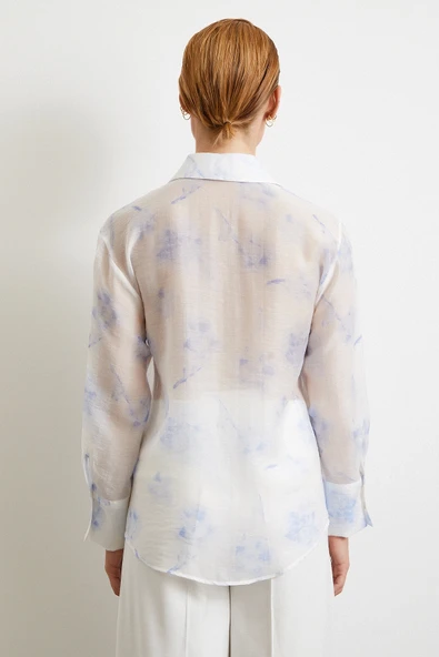 Organze Desenli Tül Gömlek Mavi - Resim 6