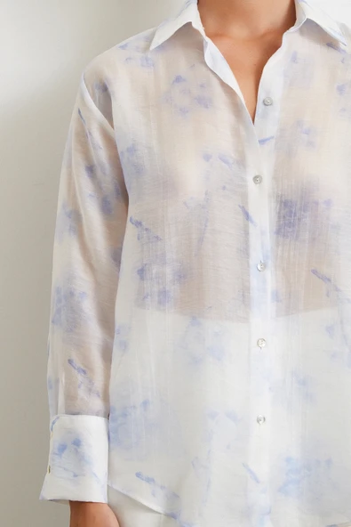 Organze Desenli Tül Gömlek Mavi - Resim 5