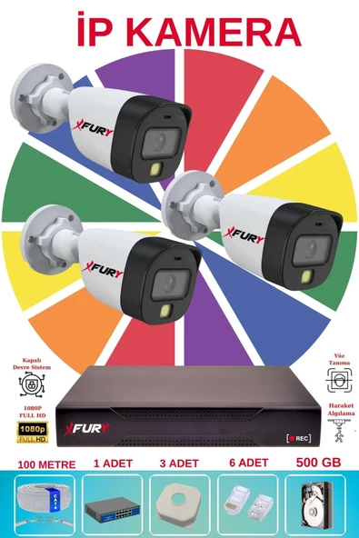 FURY 3 Lü Ip Güvenlik Kamera Seti Sesli 4mp Gece Renkli Su Geçirmez 5515s 500GB - 2