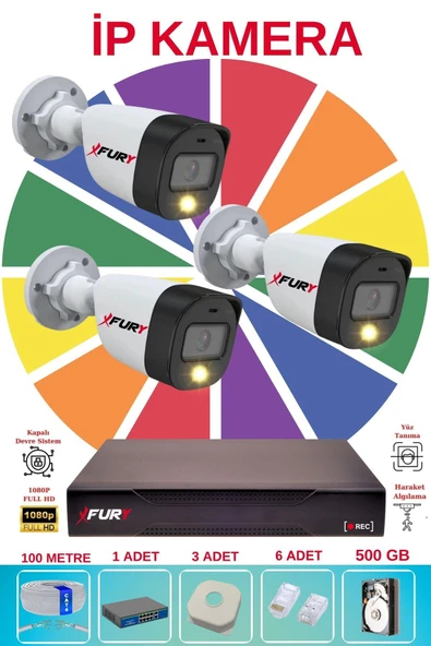 FURY 3 Lü Ip Güvenlik Kamera Seti Sesli 4mp Gece Renkli Su Geçirmez 5515s 500GB