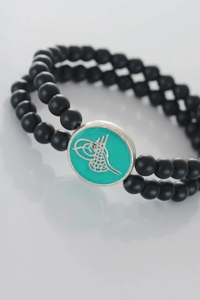 Yeşil Metal Üzerine Silver Osmanlı Tuğra Figürlü Siyah Renk Çift Sıra Doğal Taş Erkek Bileklik - 2