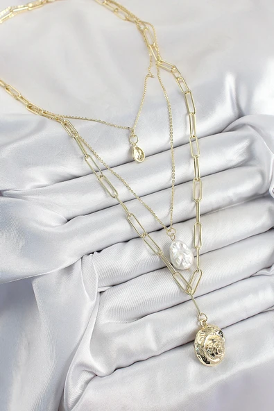 Pirinç Çoklu Zincirli İncili Deniz Kabuğu Model Gold Renk Kadın Kolye - 3