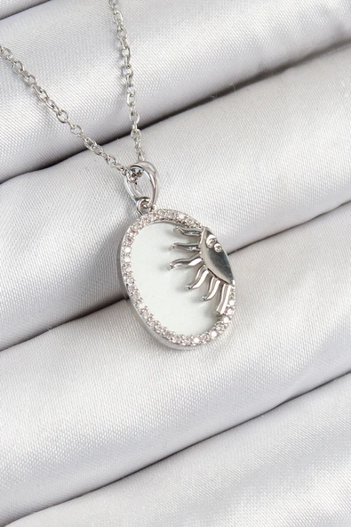 316L Çelik Zirkon Taşlı Yarım Güneş Model Gümüş Renk Kadın Kolye ürün görseli 1